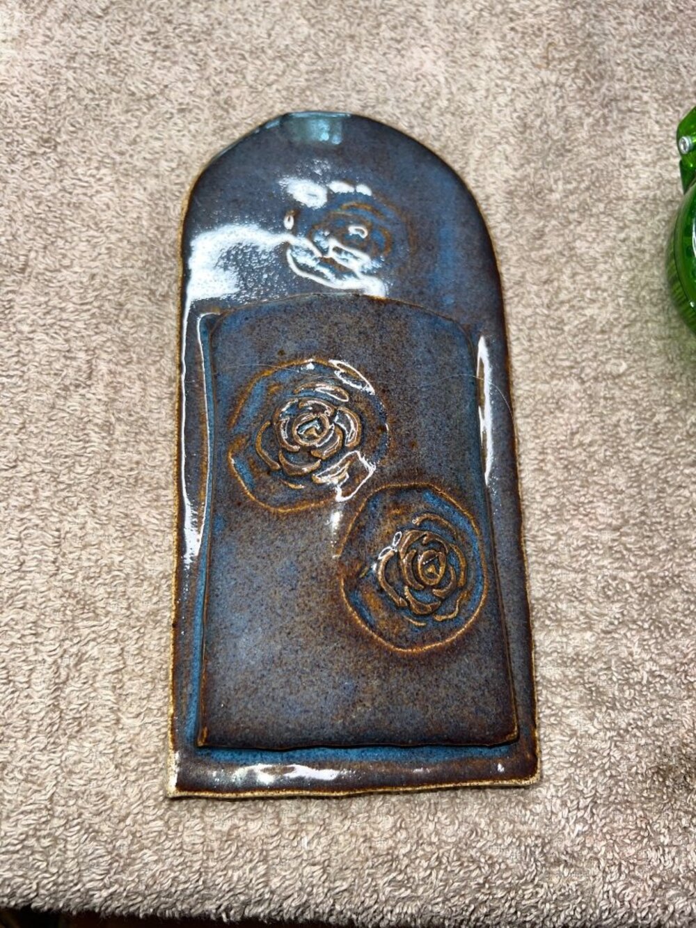 Handmade Ceramic Wall Plaque With Embossed Floral Design & Glossy Finish Signed